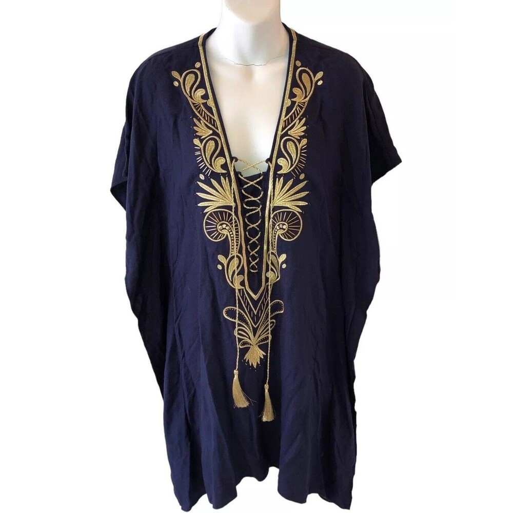 Lilly Pulitzer Chai Caftan Dress True Navy Blue GOLD Embroidery Cover Up…